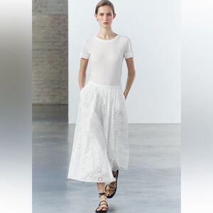 New ZARA Embroidered Eyelet Midi Skirt ZW Collection